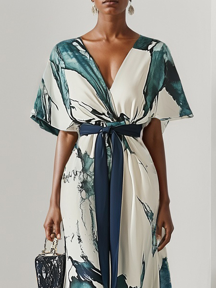 Blue Classic V Neck Short Sleeve A-Line Maxi Dress