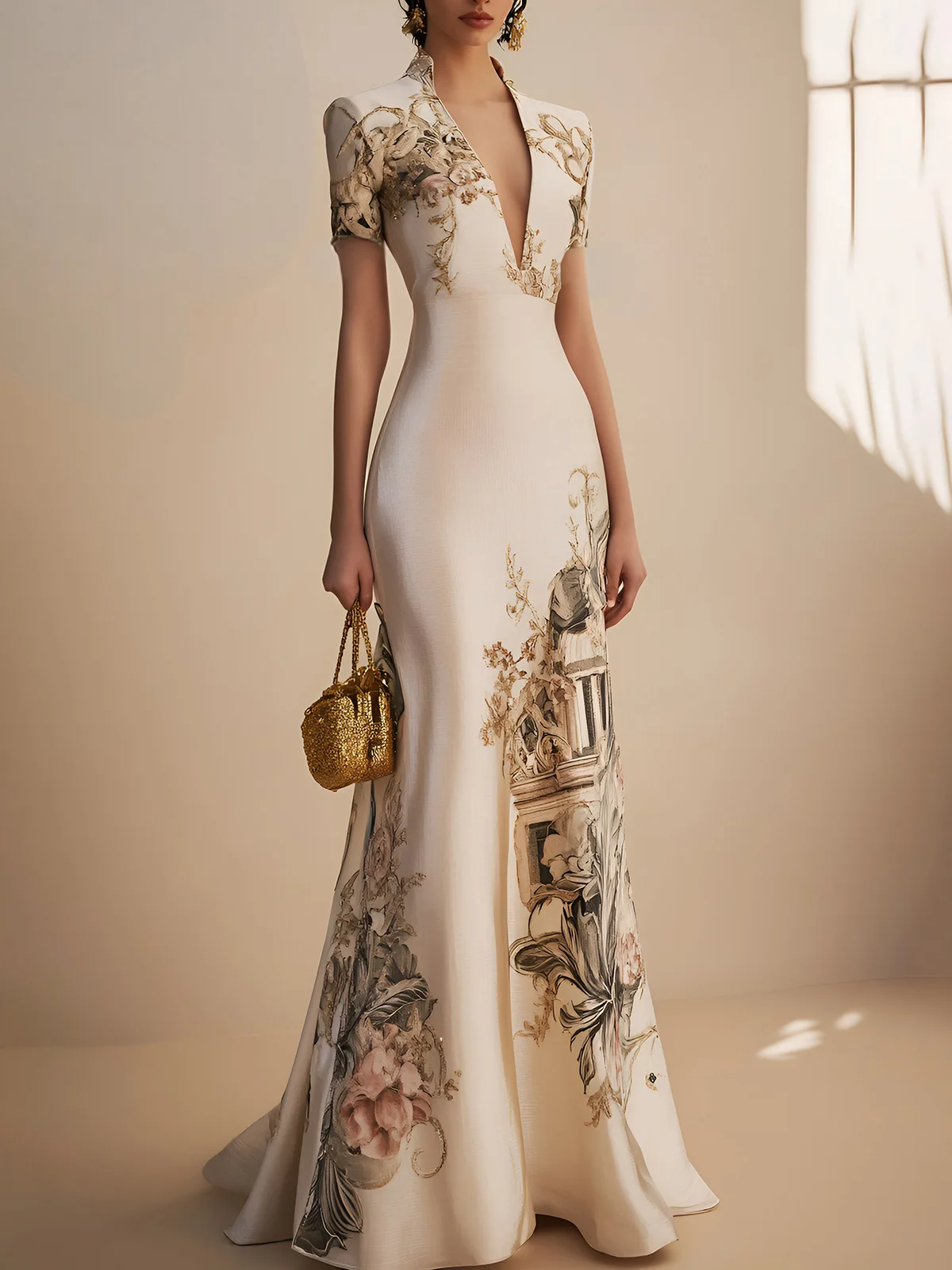 Beige Classic Deep V Neck Short Sleeve Mermaid Gown Dress