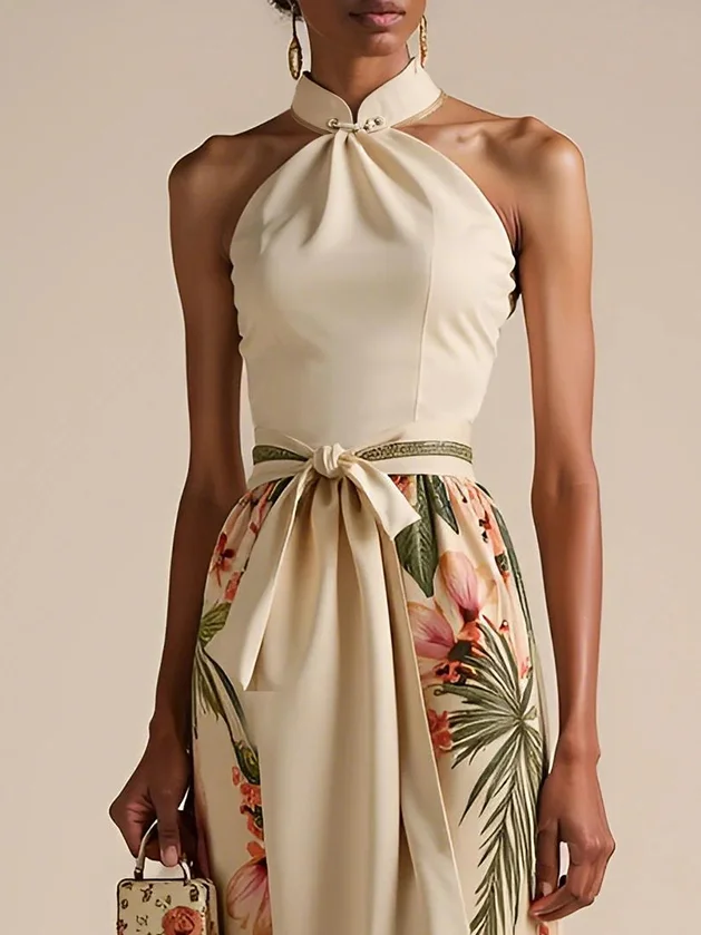 Beige Bow Classic Halter Floral Sleeveless A-Line Maxi Dress
