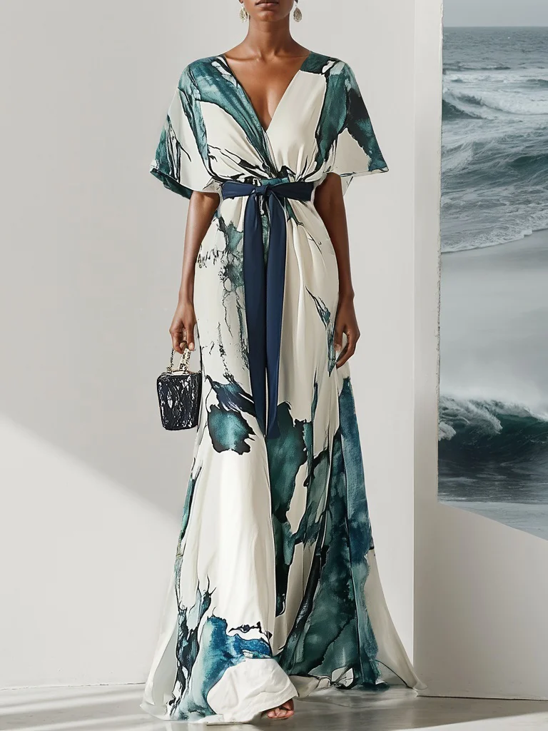 Blue Classic V Neck Short Sleeve A-Line Maxi Dress