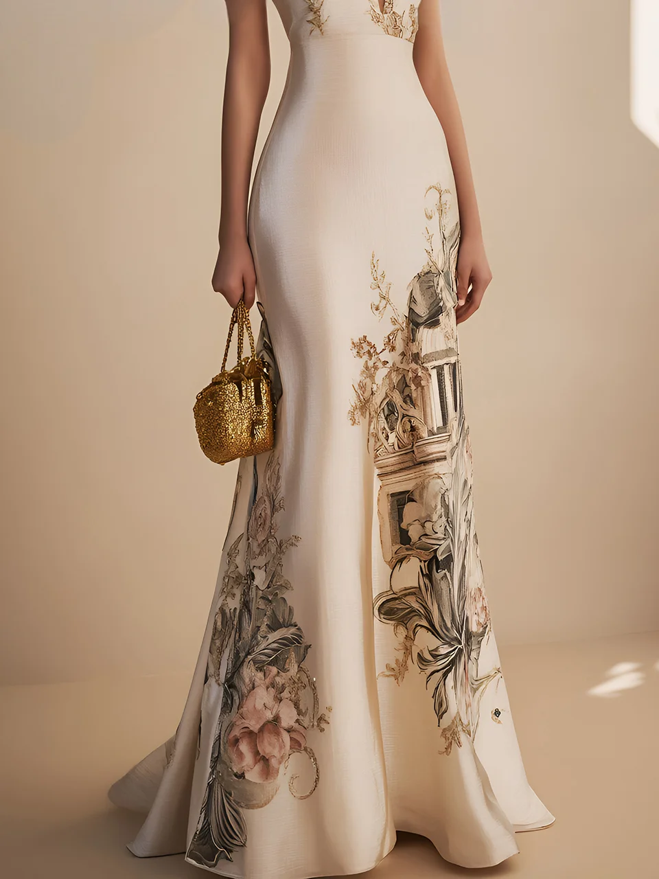 Beige Classic Deep V Neck Short Sleeve Mermaid Gown Dress
