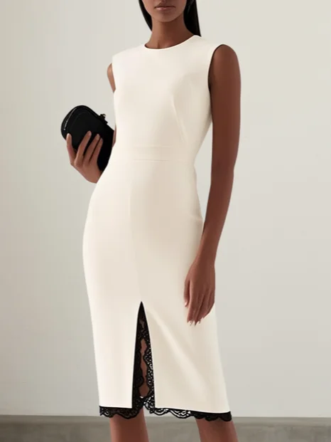 Off White Lace Edge Slit Sleeveless Sheath Midi Dress