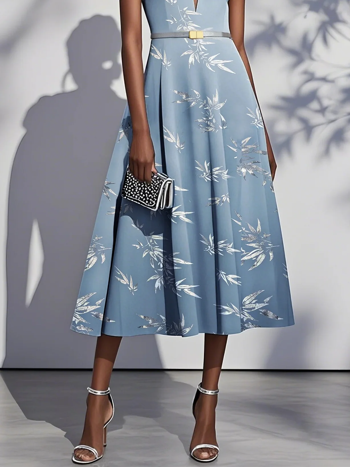Light Blue 3D Floral Chiffon V Neck Sleeveless A-Line Maxi Dress