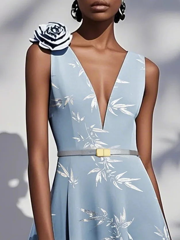 Light Blue 3D Floral Chiffon V Neck Sleeveless A-Line Maxi Dress