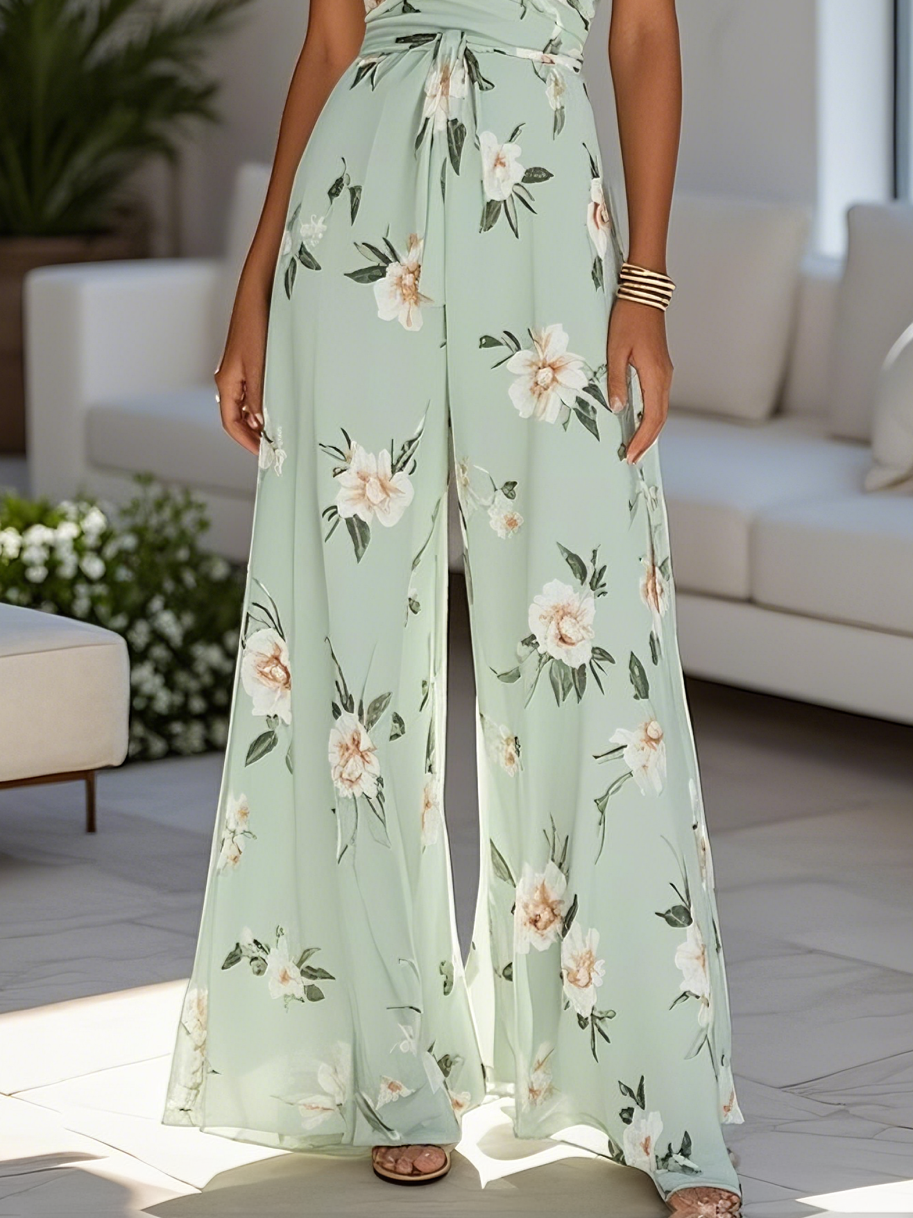 Lightgreen Floral V Neck Regular Fit Chiffon Jumpsuit
