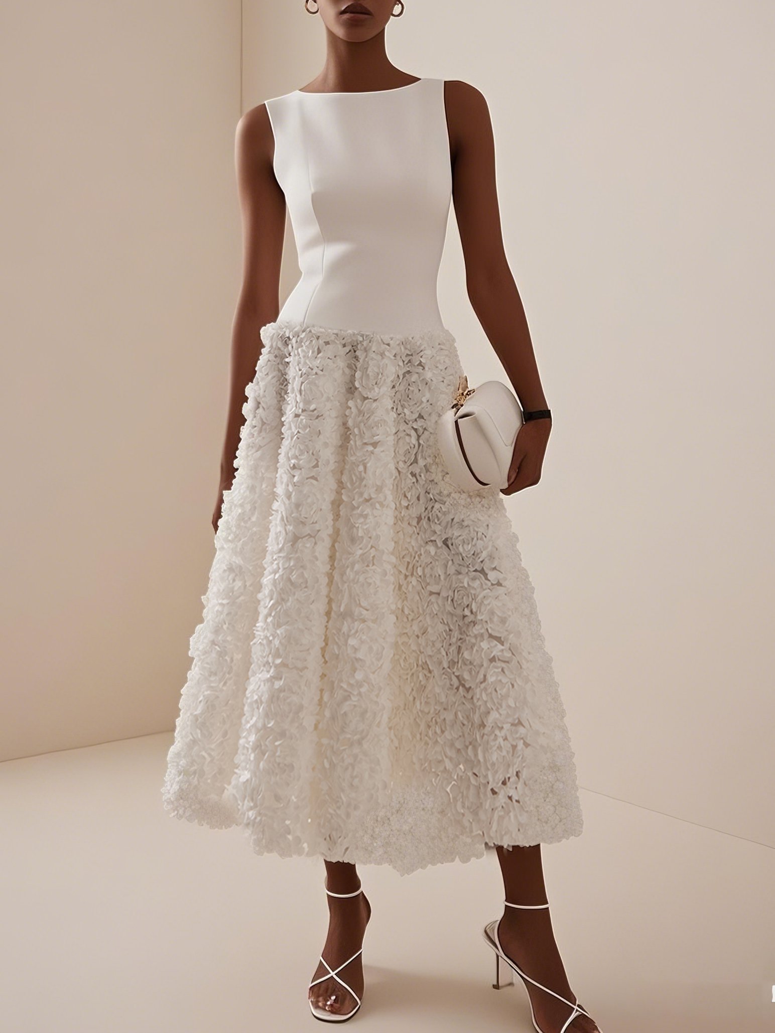 White 3D Floral Boat Neck A-Line Midi Dress