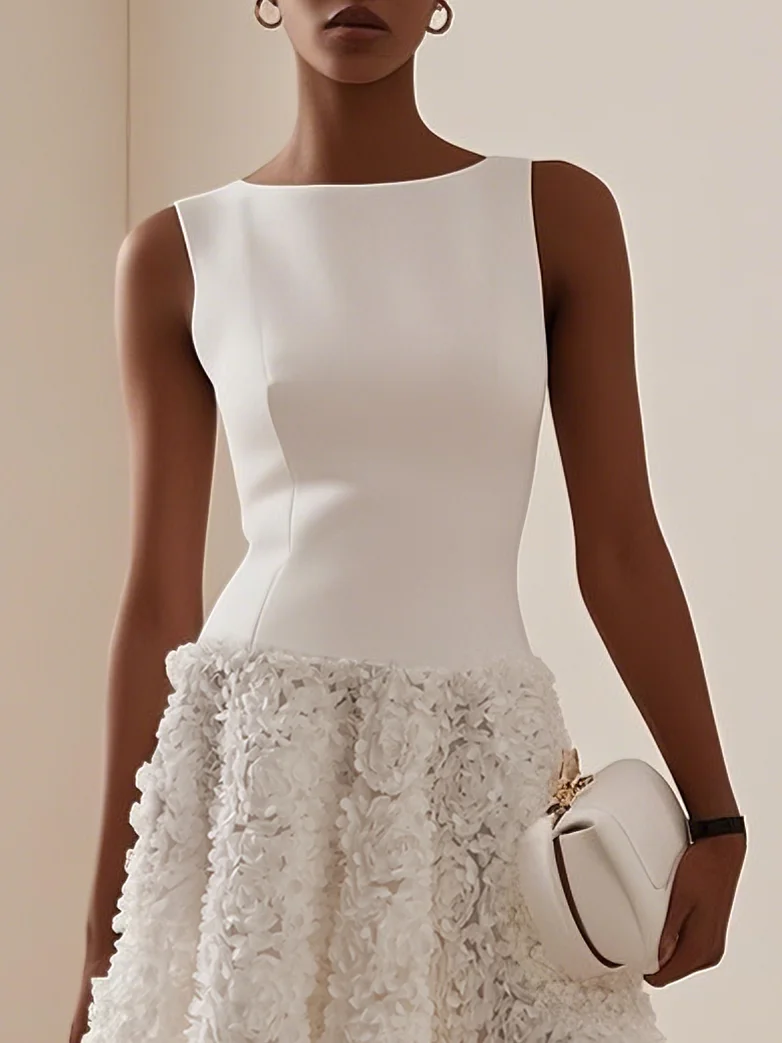 White 3D Floral Boat Neck A-Line Midi Dress