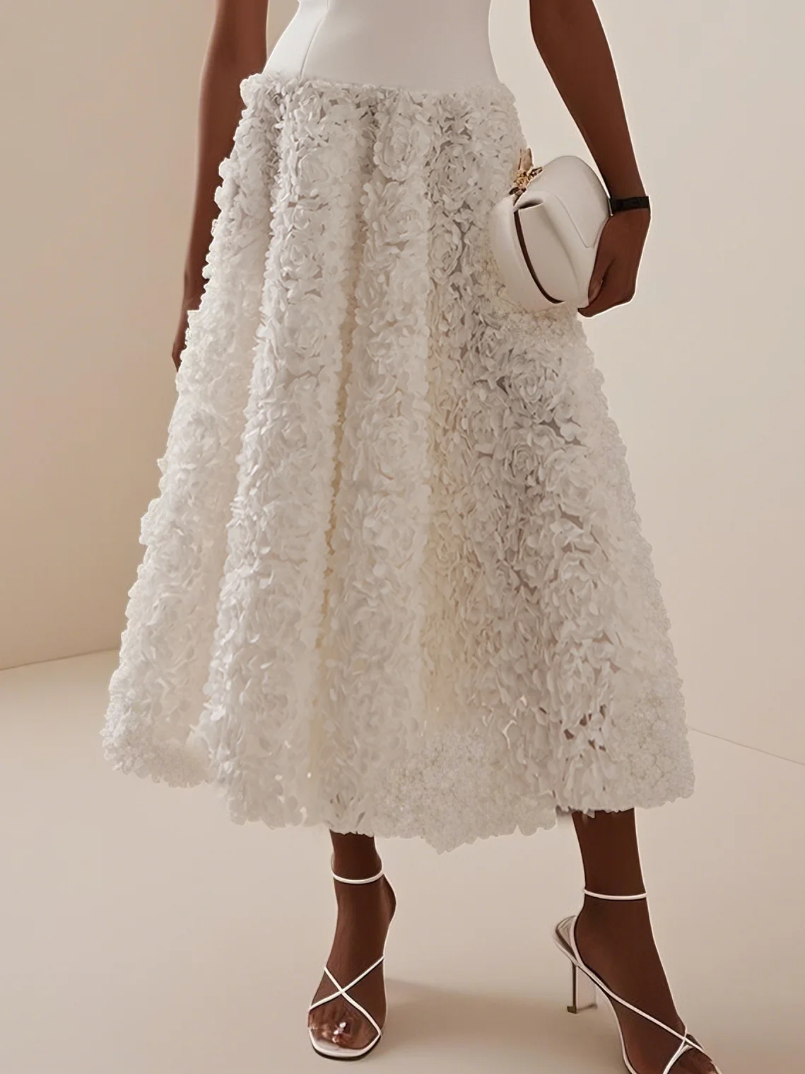 White 3D Floral Boat Neck A-Line Midi Dress
