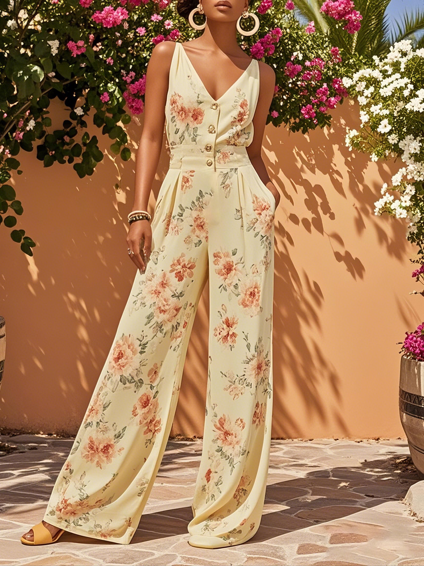 Yellow Floral Buckle Regular Fit Jumpsuit