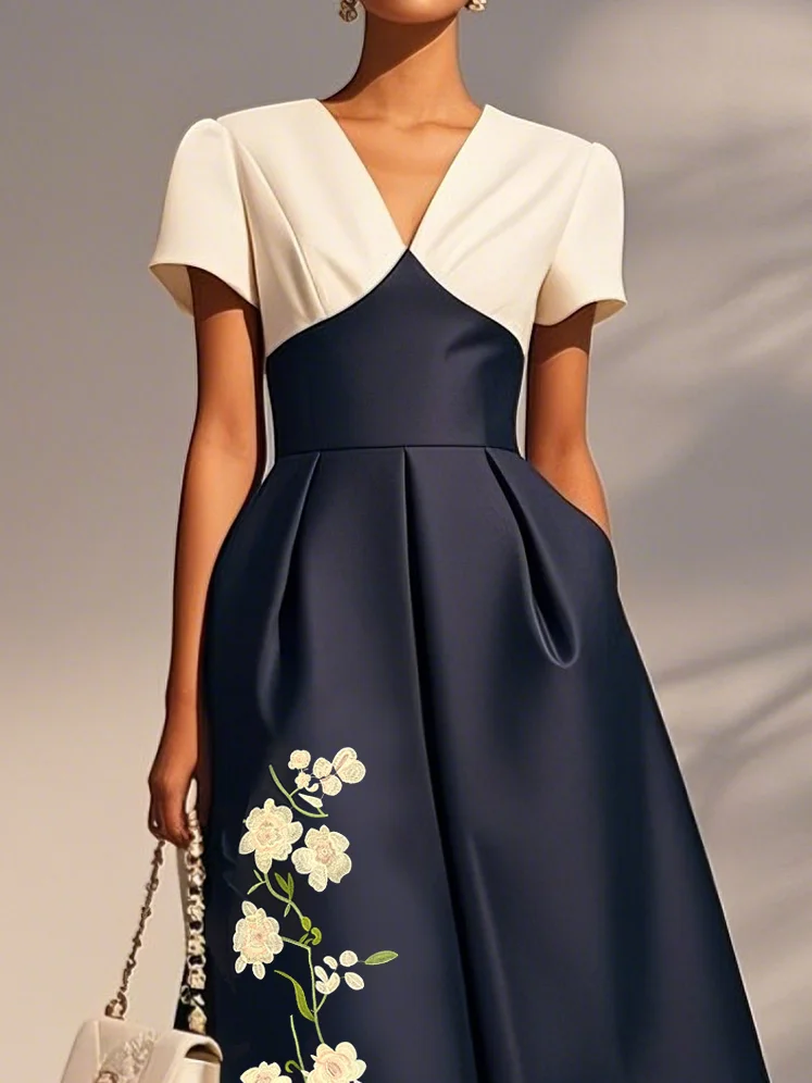 Navy Blue Embroidery Satin V Neck Short Sleeve A-Line Midi Dress