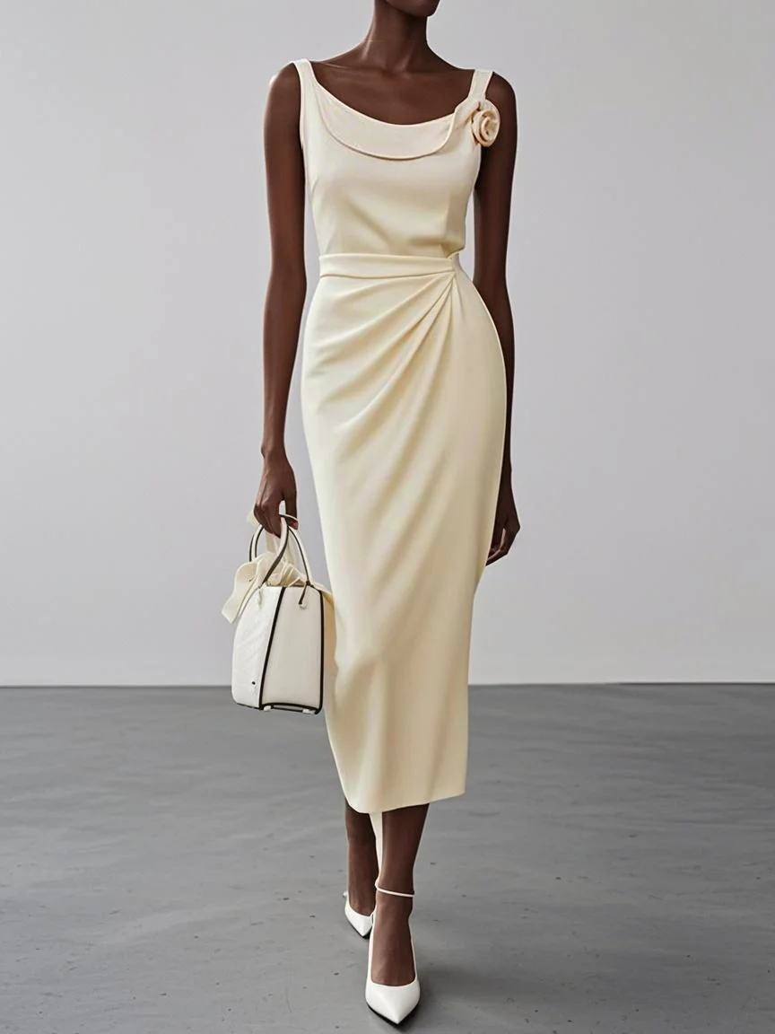 White 3D Floral Ruched Classic Crew Neck Sleeveless Sheath Midi Dress