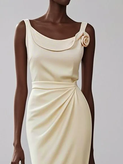 White 3D Floral Ruched Classic Crew Neck Sleeveless Sheath Midi Dress