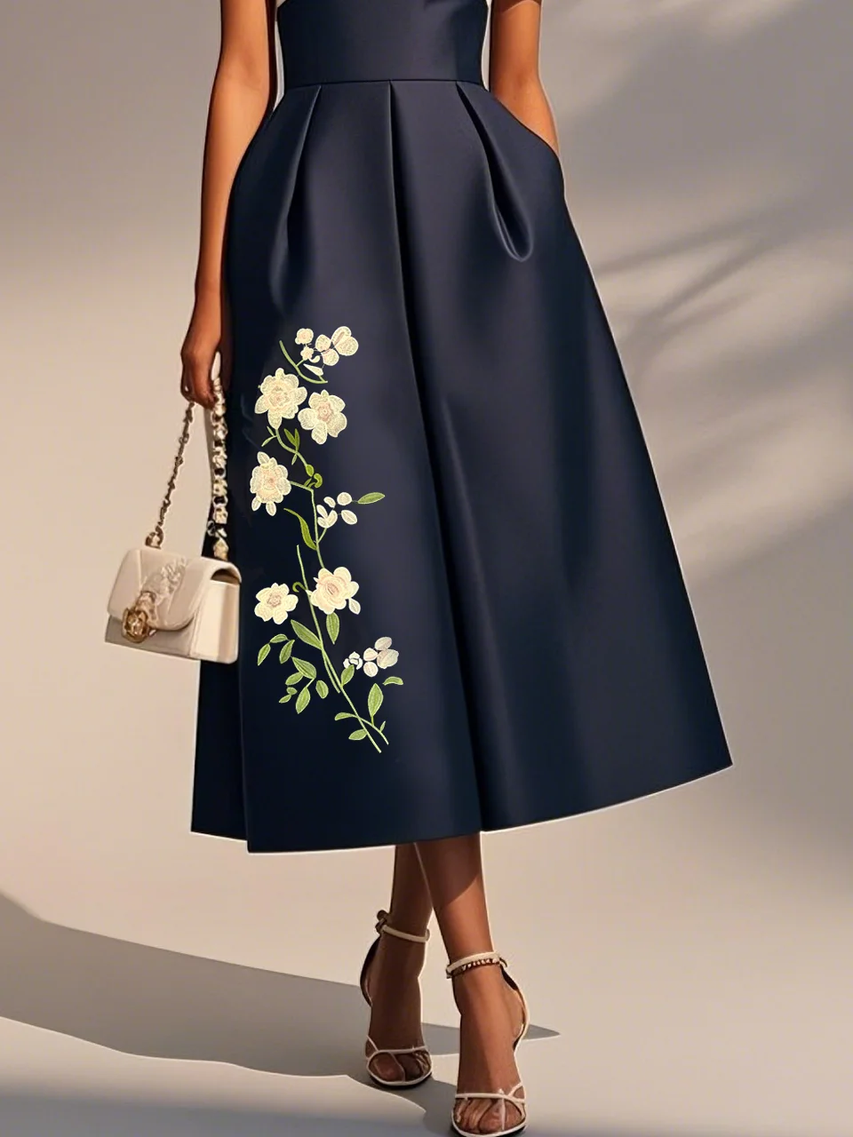 Navy Blue Embroidery Satin V Neck Short Sleeve A-Line Midi Dress