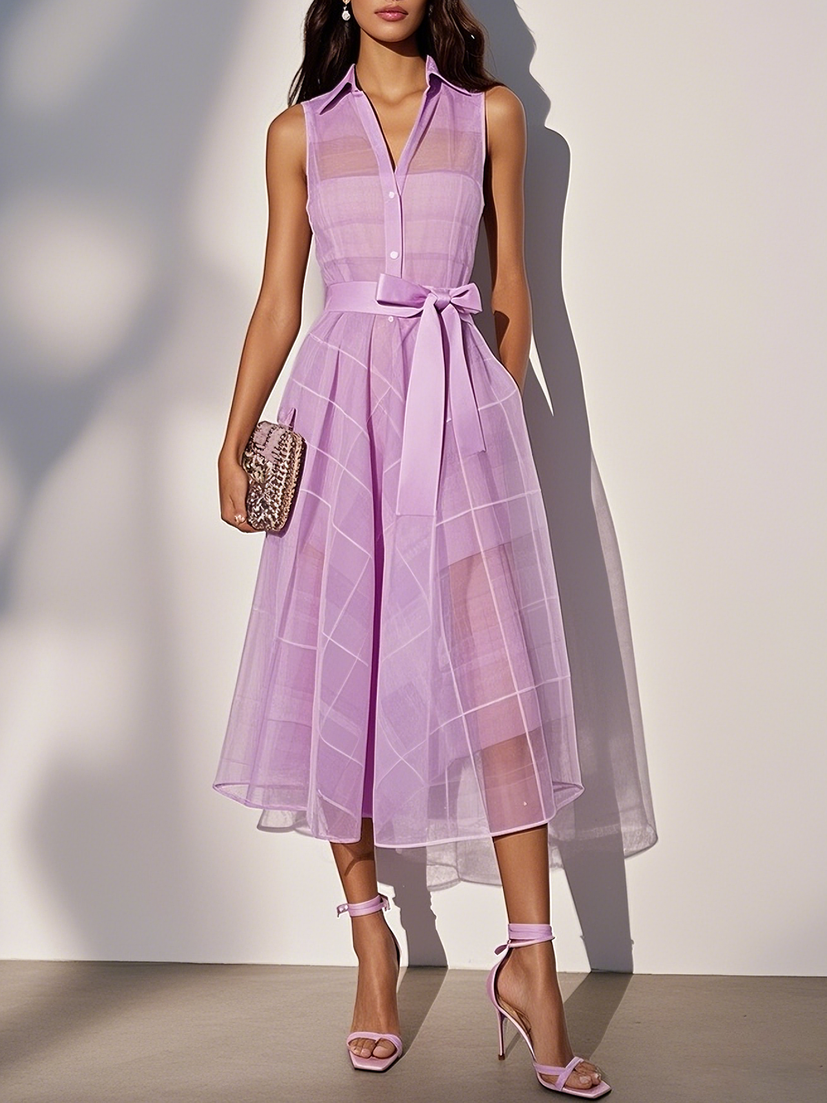 lavender Shirt Dress Shirt Collar Sleeveless A-Line Midi Dress