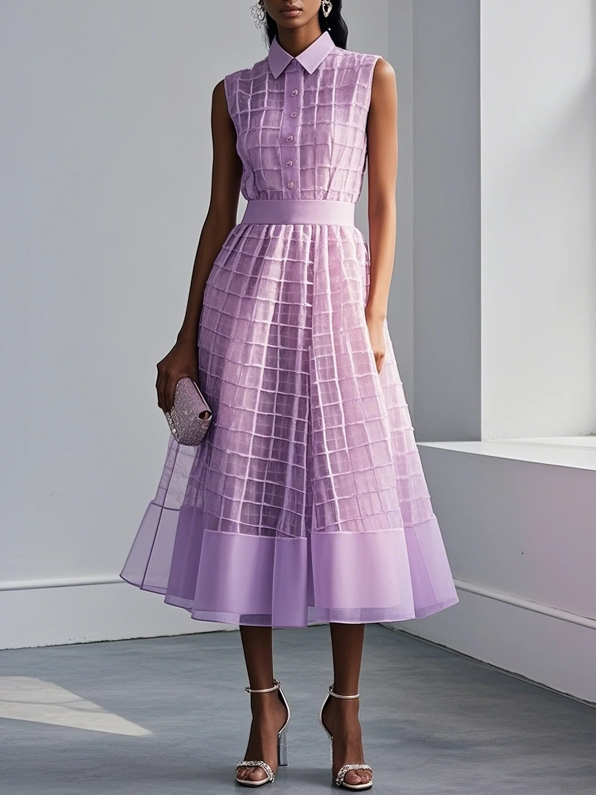 Lavender Purple Buckle Shirt Dress Shirt Collar Sleeveless A-Line Midi Dress