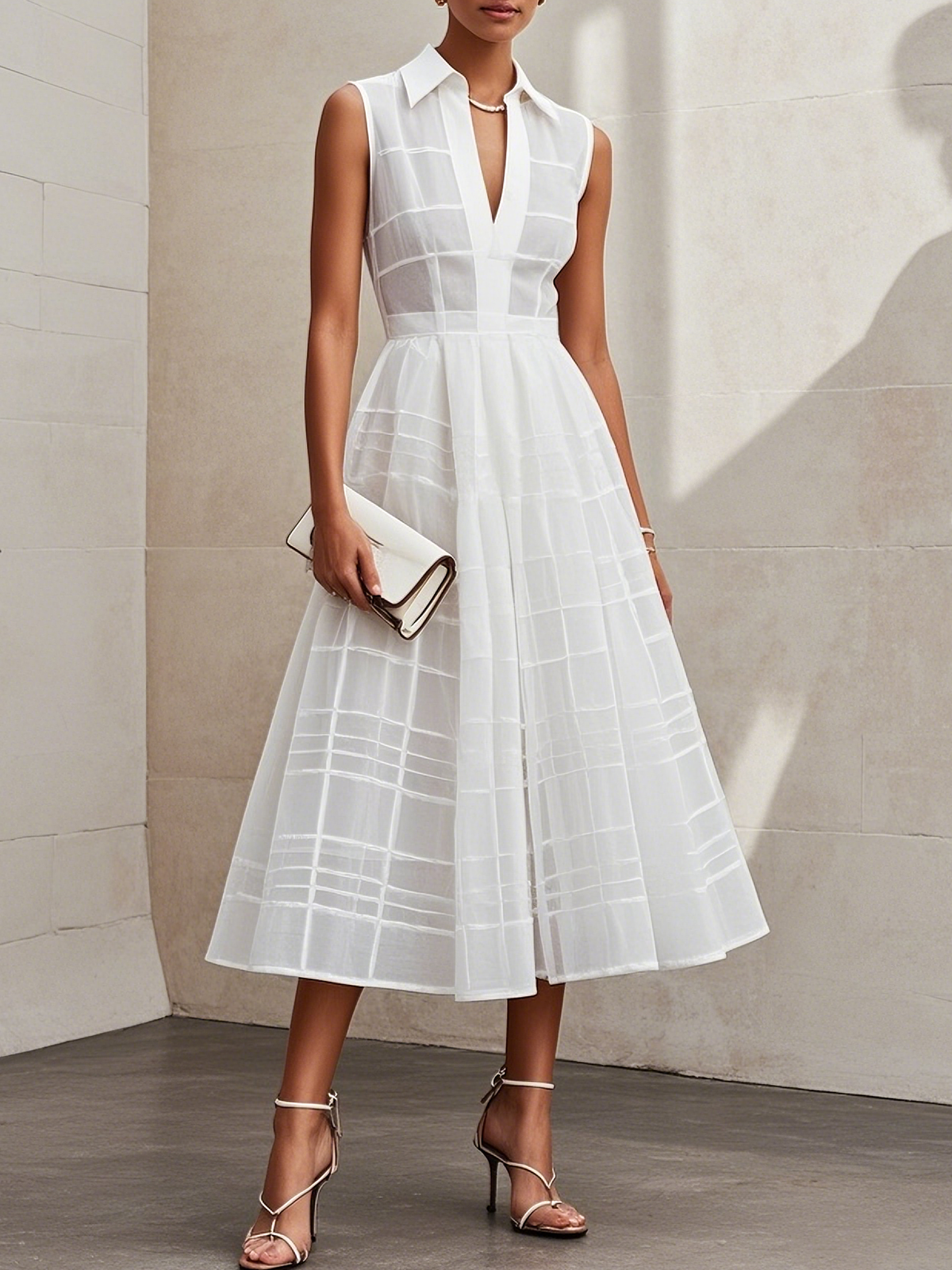 White Shirt Dress Shirt Collar Sleeveless A-Line Midi Dress