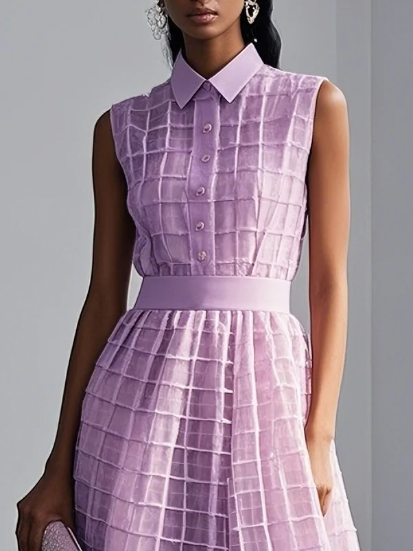 Lavender Purple Buckle Shirt Dress Shirt Collar Sleeveless A-Line Midi Dress