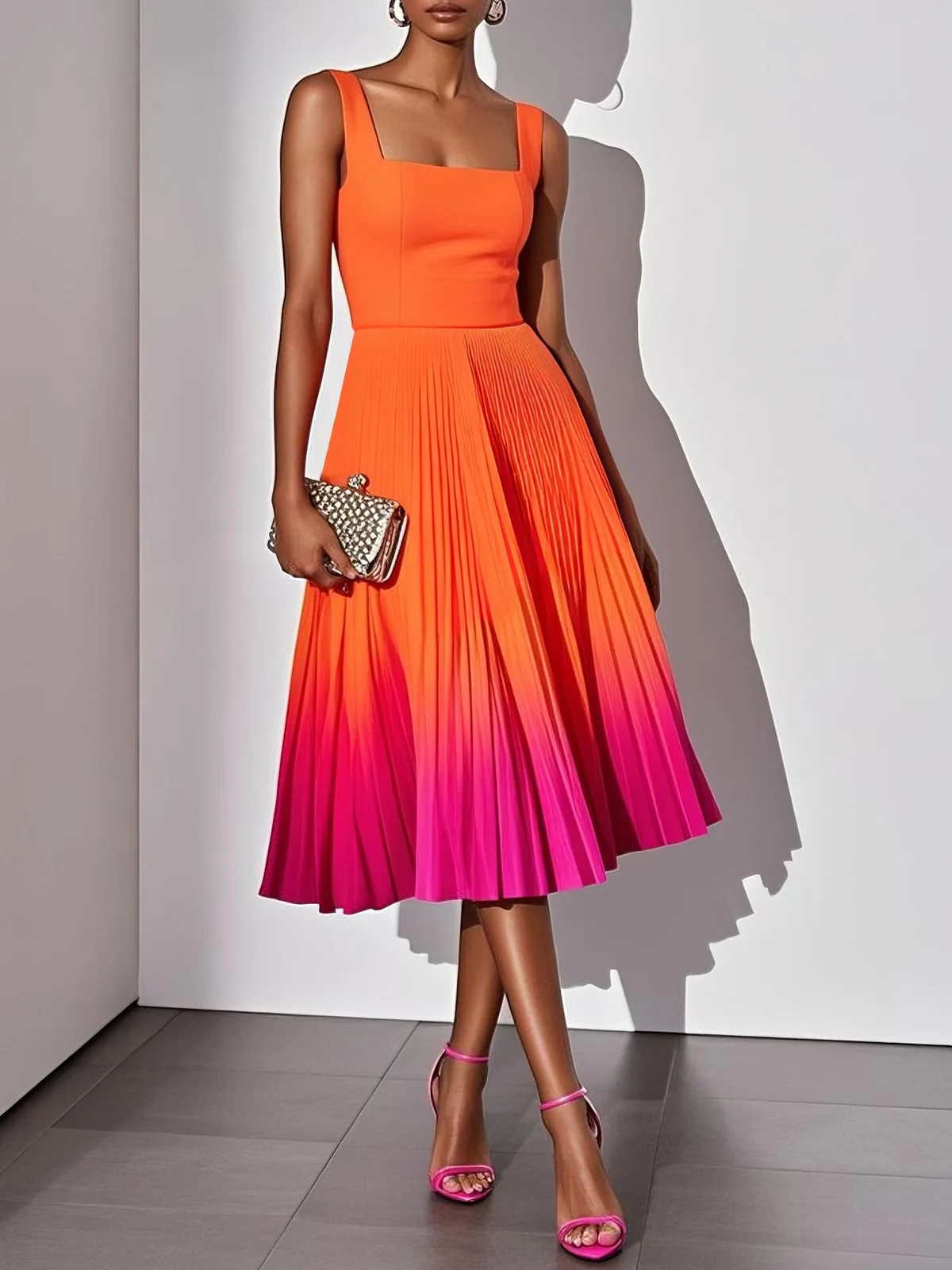 Orange Pleated Classic Square Neck Sleeveless A-Line Midi Dress