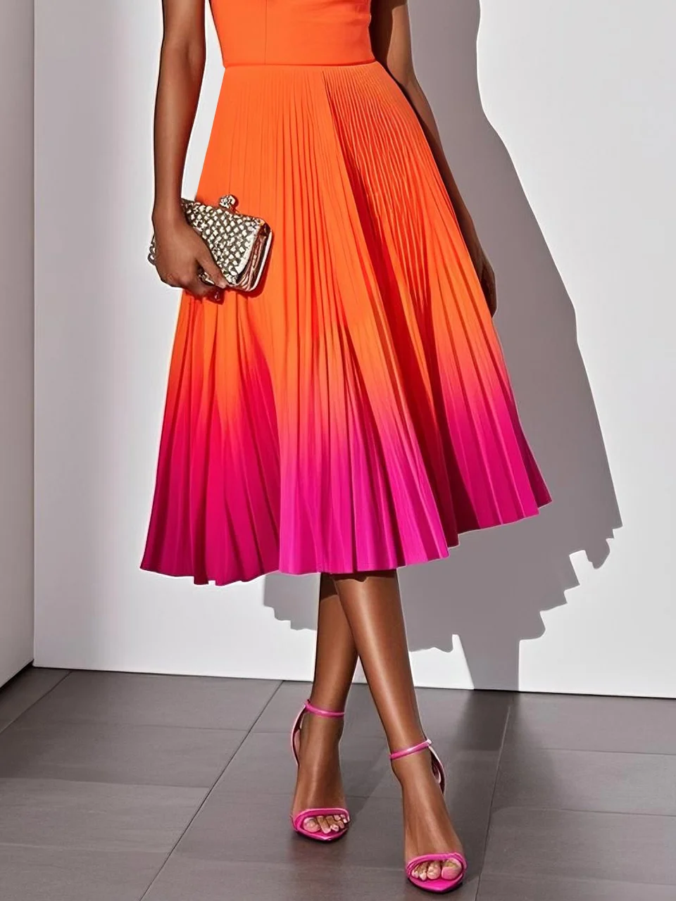 Orange Pleated Classic Square Neck Sleeveless A-Line Midi Dress