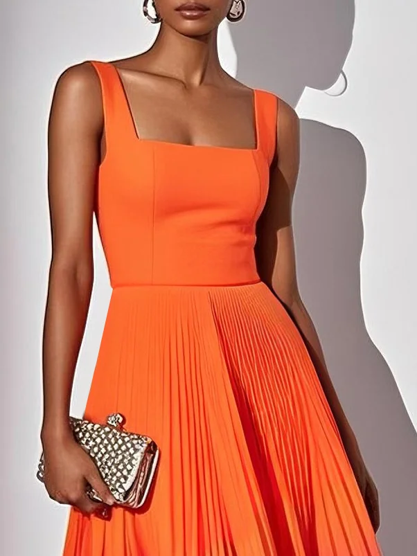 Orange Pleated Classic Square Neck Sleeveless A-Line Midi Dress