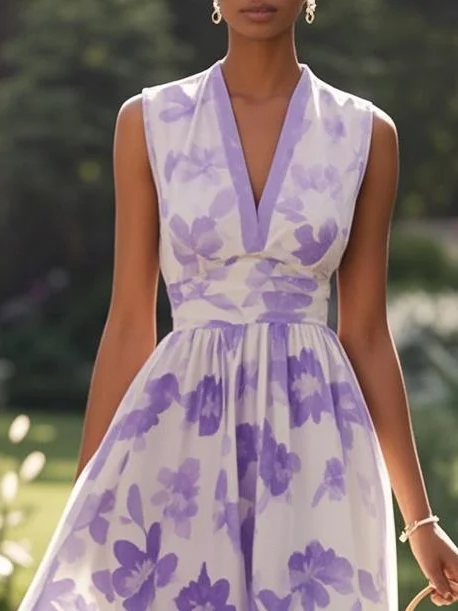 Lavender Purple Floral Chiffon V Neck Sleeveless A-Line Maxi Dress