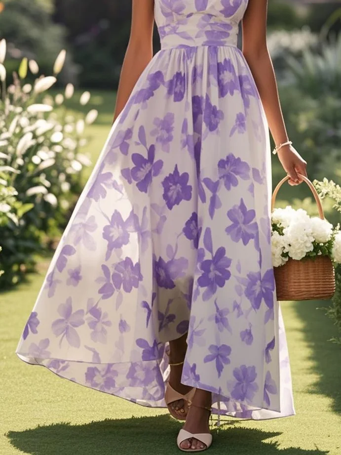 Lavender Purple Floral Chiffon V Neck Sleeveless A-Line Maxi Dress