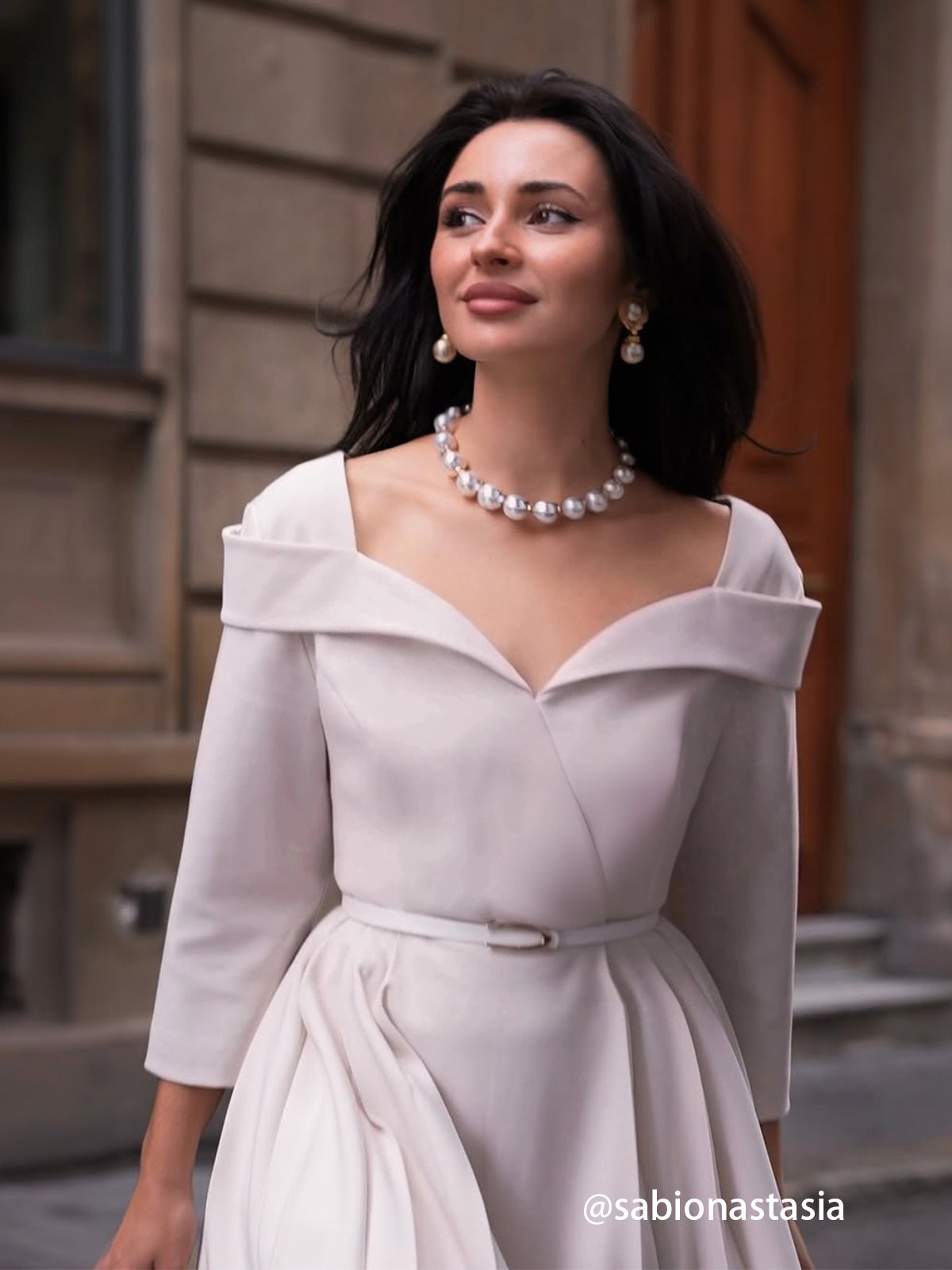 Off White Pleated Ruched Three Quarter Sleeve A-Line Maxi Dress