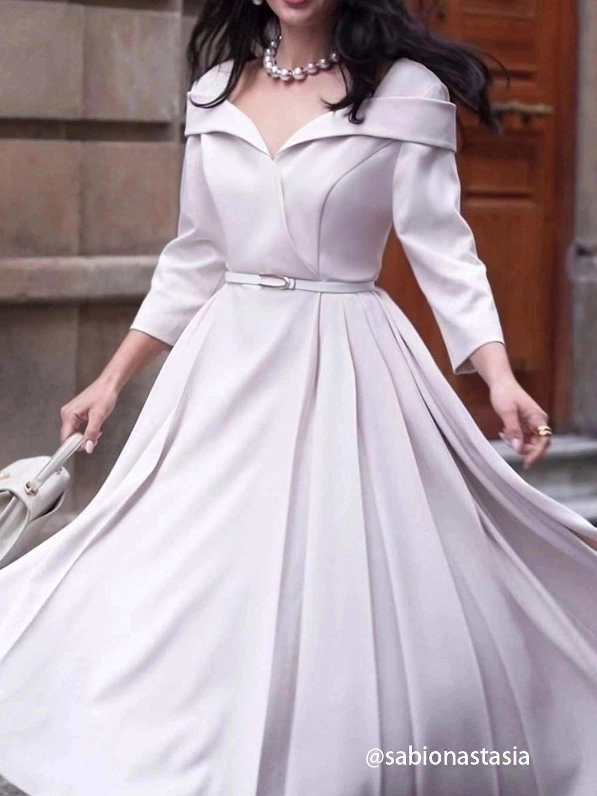 Off White Pleated Ruched Three Quarter Sleeve A-Line Maxi Dress