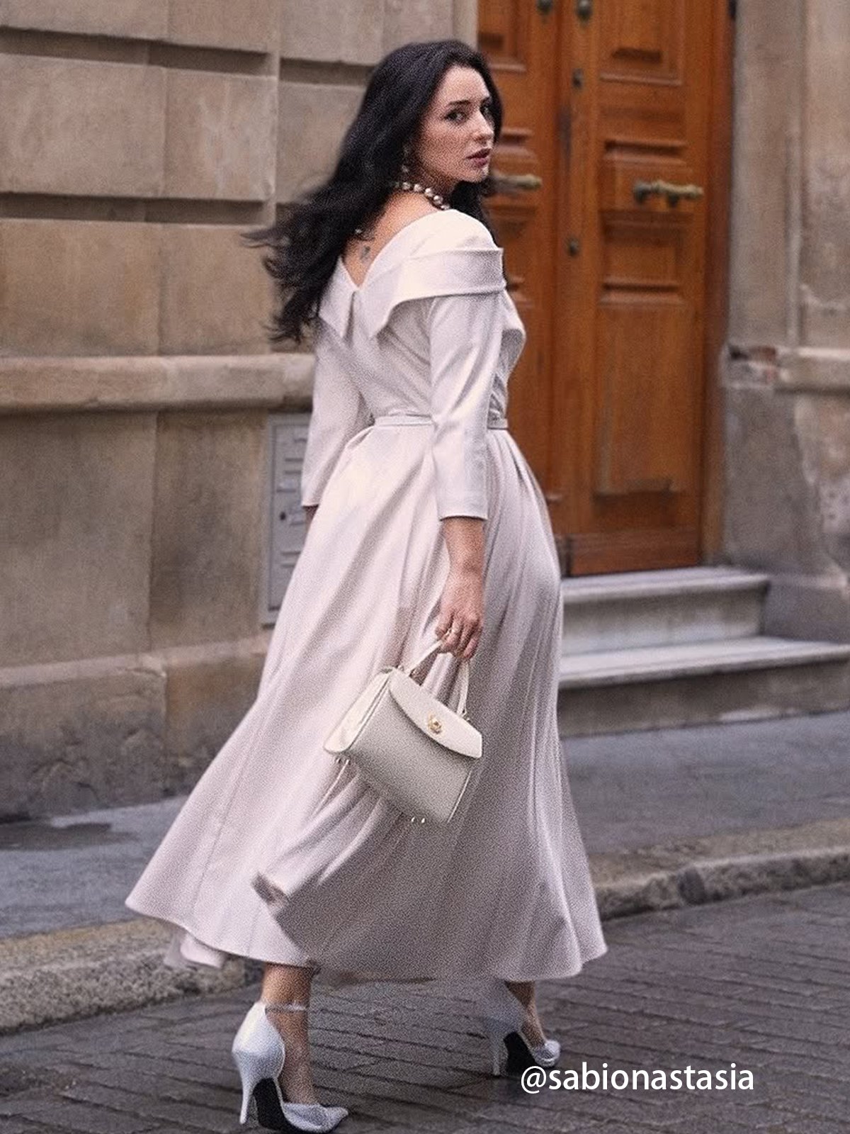 Off White Pleated Ruched Three Quarter Sleeve A-Line Maxi Dress