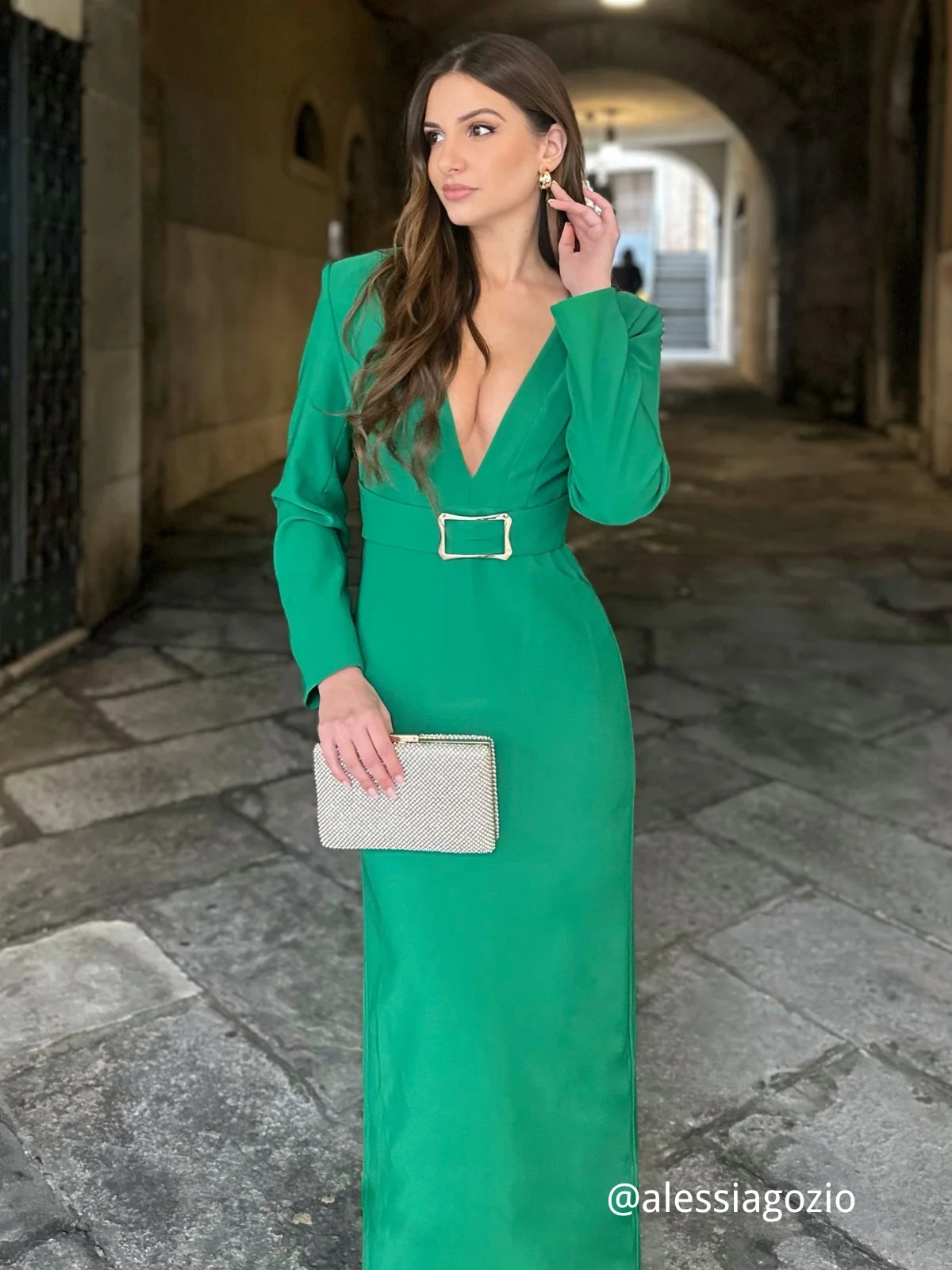 Green Deep V Neck Long Sleeve Sheath Maxi Dress