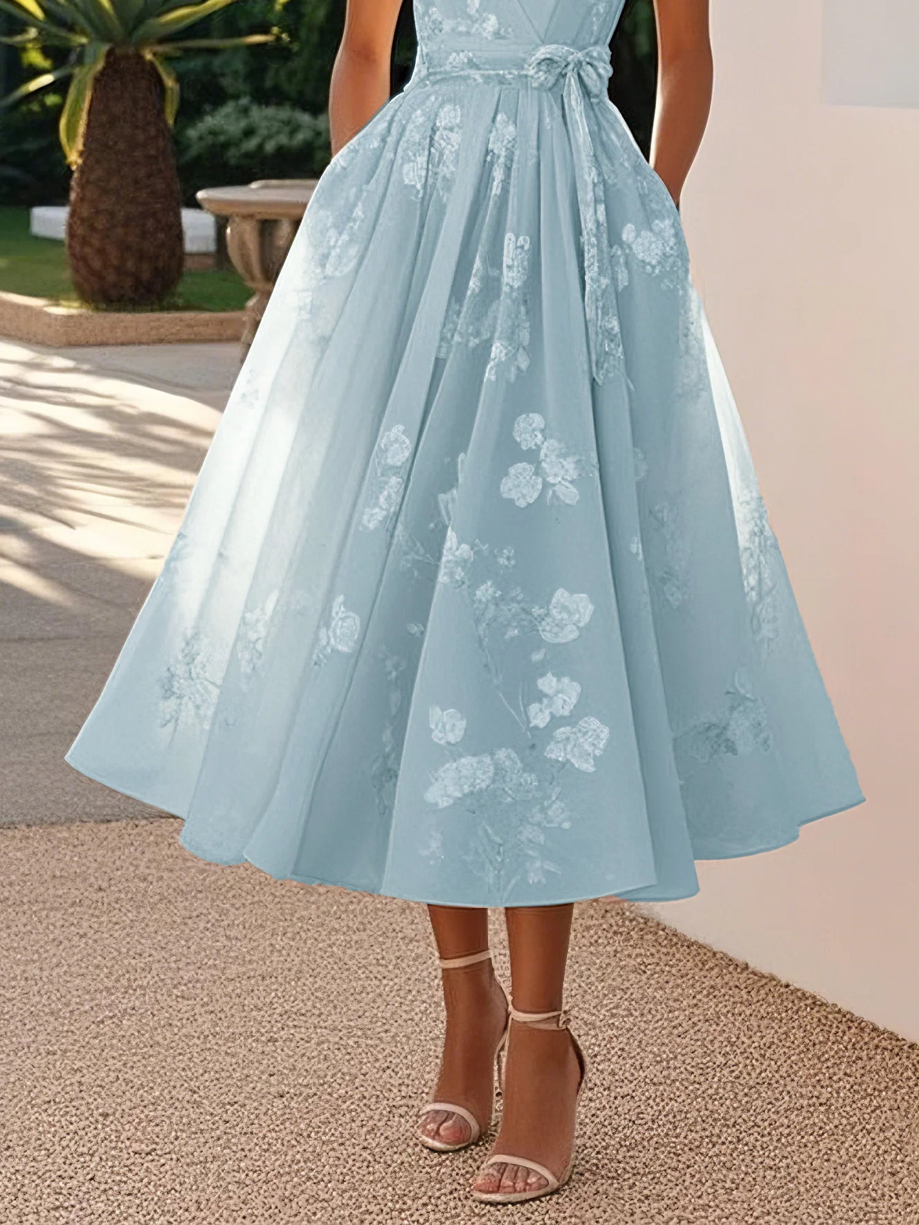 Light Blue Bow Embroidery Classic V Neck Sleeveless A-Line Midi Dress