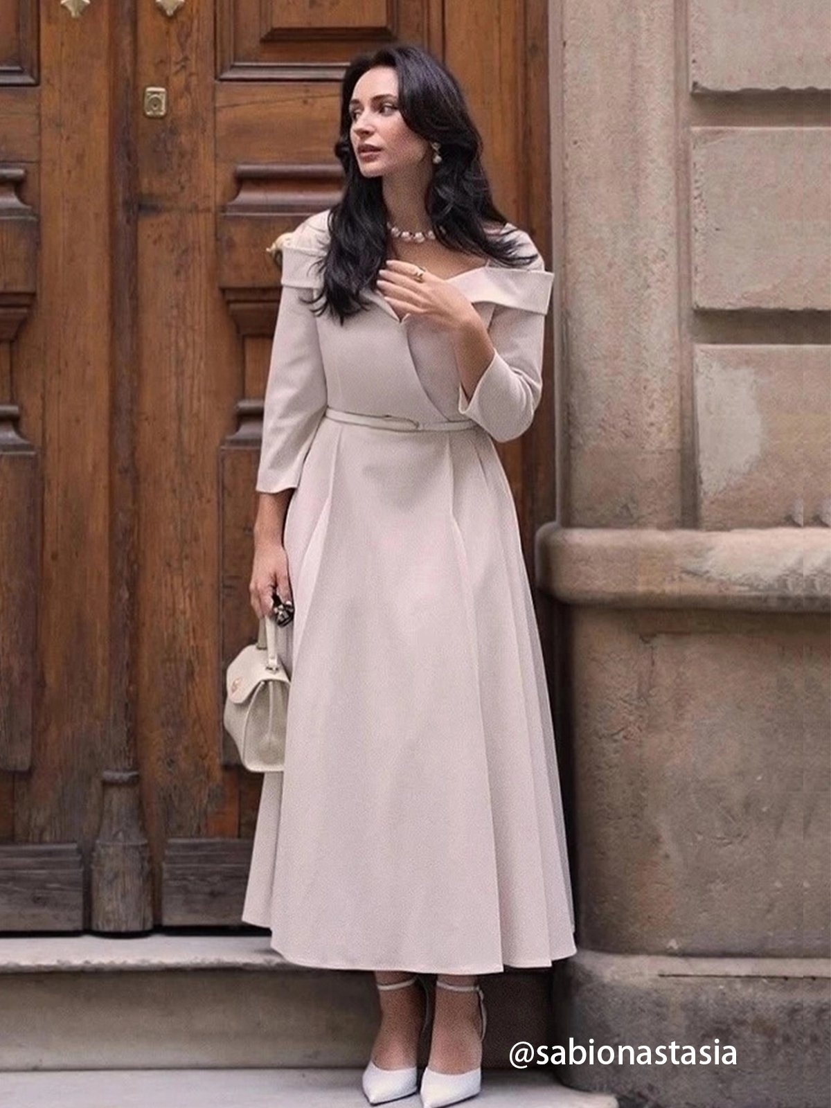Off White Pleated Ruched Three Quarter Sleeve A-Line Maxi Dress