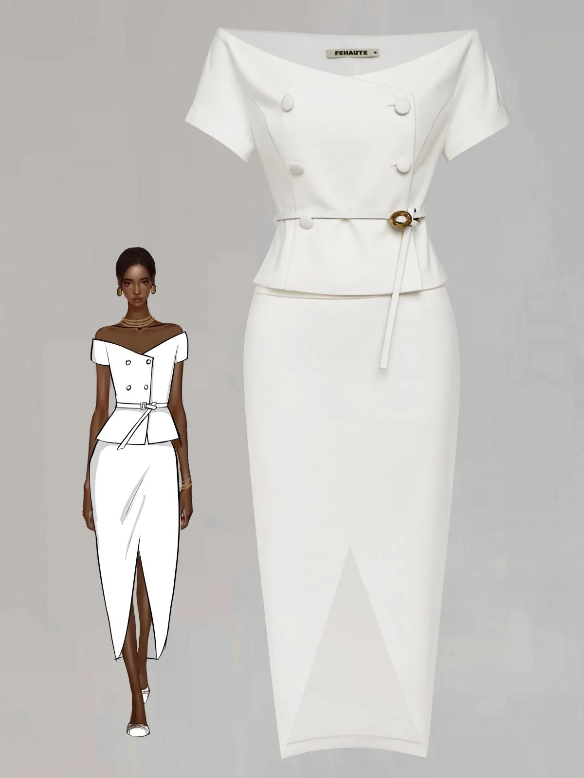 Women White Sash Off The Shoulder Short Sleeve Two-Piece Set