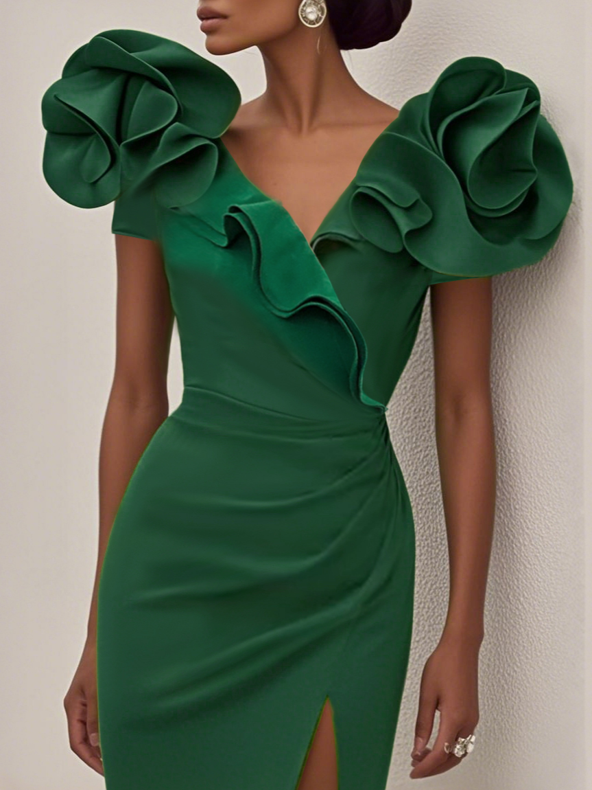 Green 3D Floral Ruched V Neck Sheath Midi Dress