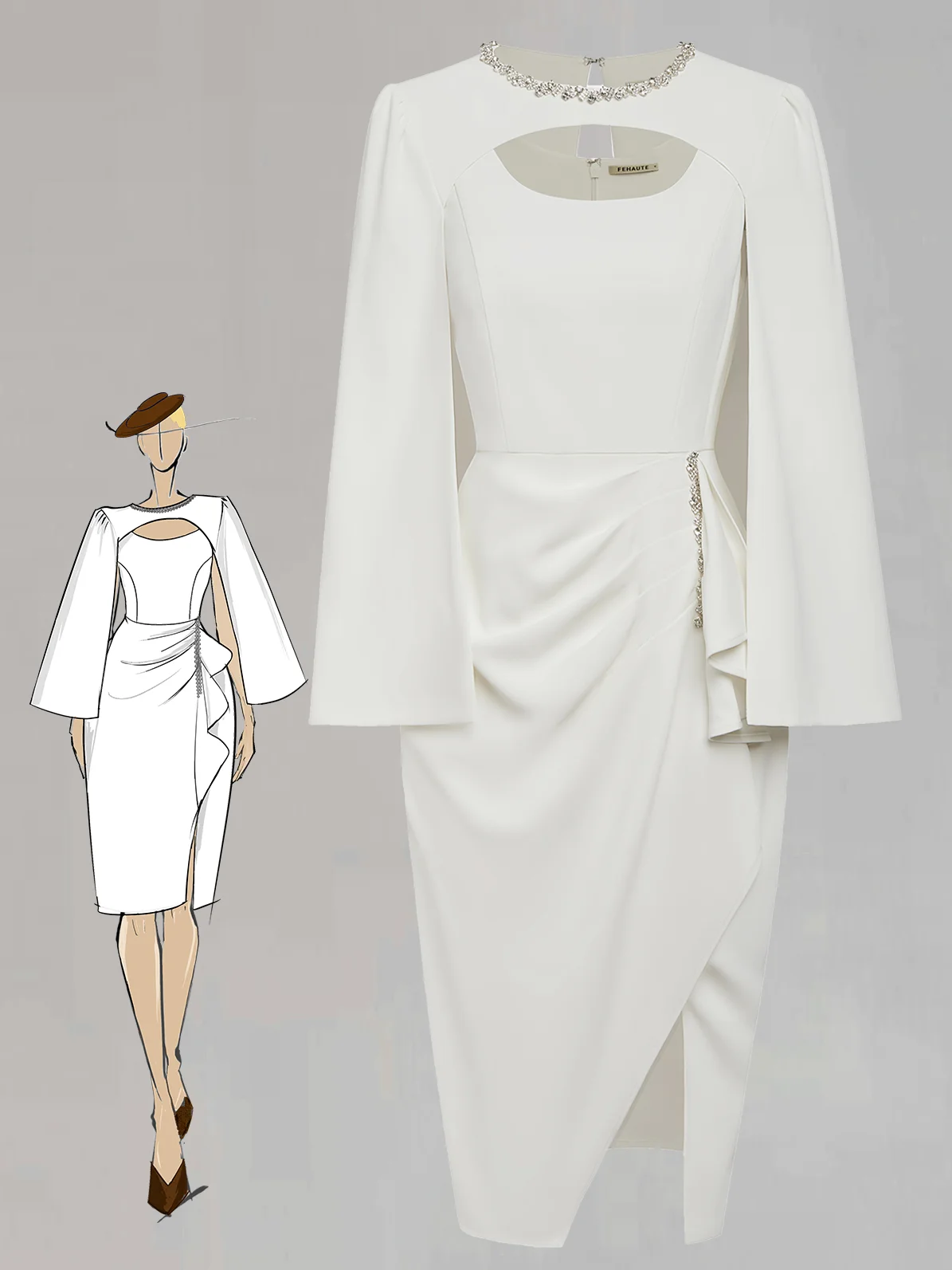 White Rhinestone Crew Neck Ruffled Sheath Two-piece Dresses