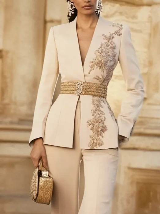 Women Apricot Applique V Neck Long Sleeve Two-Piece Set With Belt