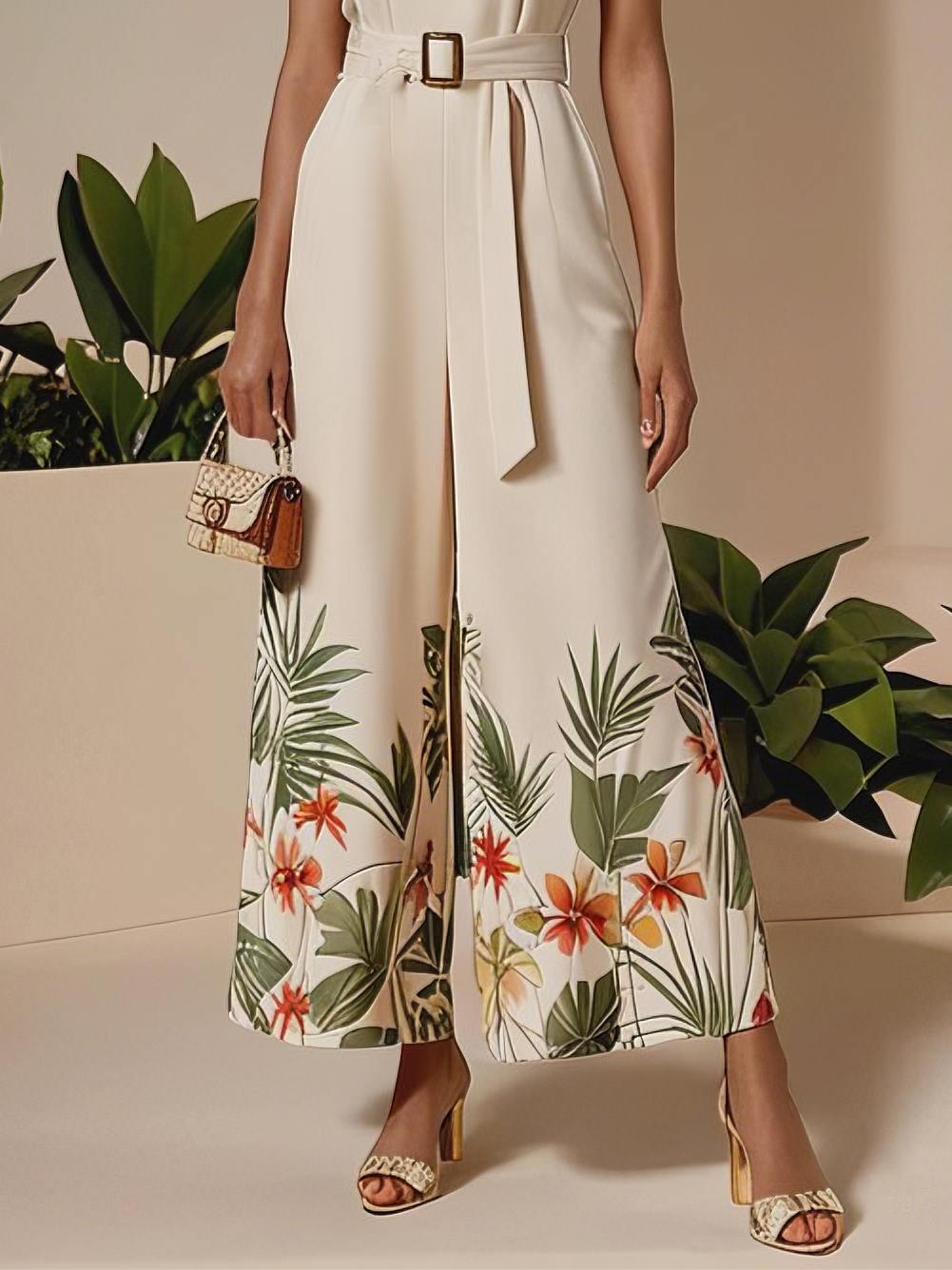 Off White Floral Crew Neck Regular Fit Morden Jumpsuit