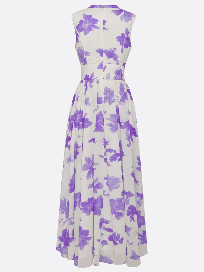 Lavender Purple Floral Chiffon V Neck Sleeveless A-Line Maxi Dress