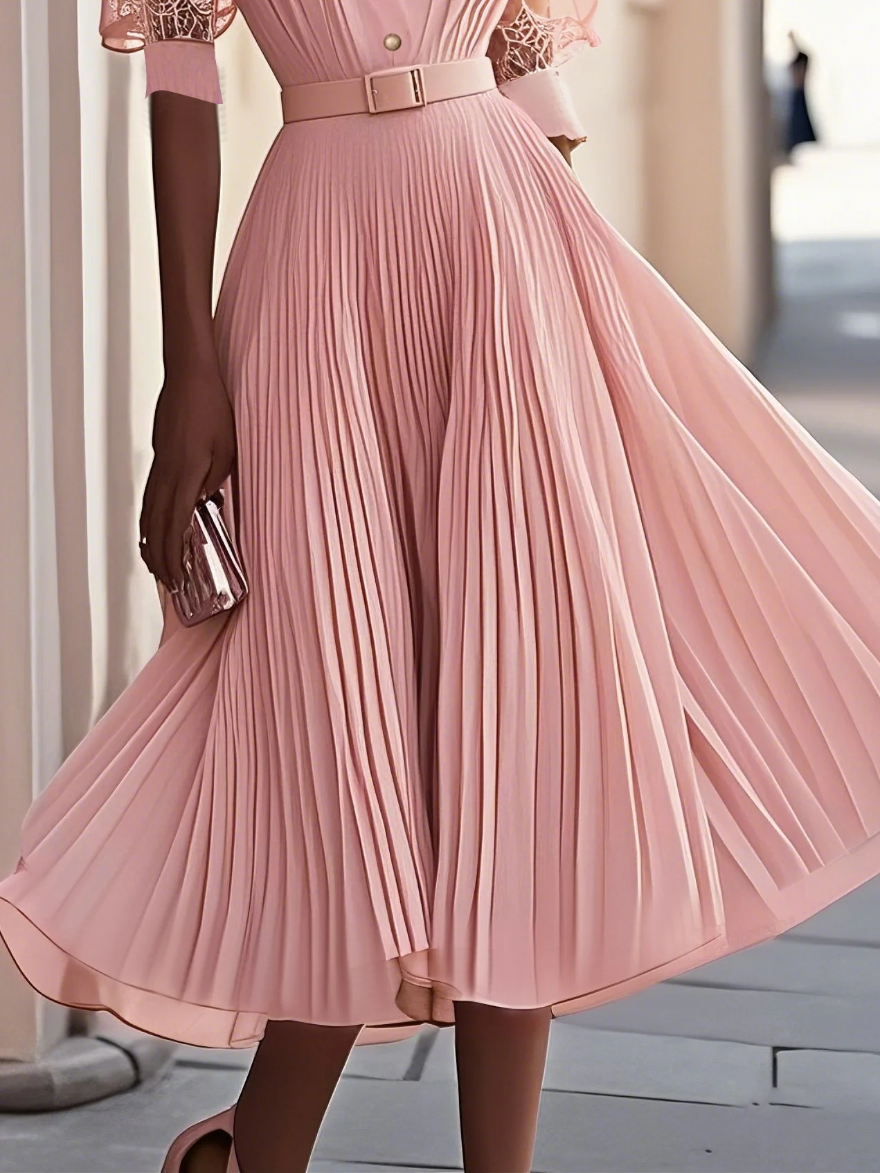 Pink Pleated Lace V Neck A-Line Midi Chiffon Dress