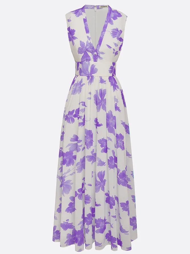 Lavender Purple Floral Chiffon V Neck Sleeveless A-Line Maxi Dress