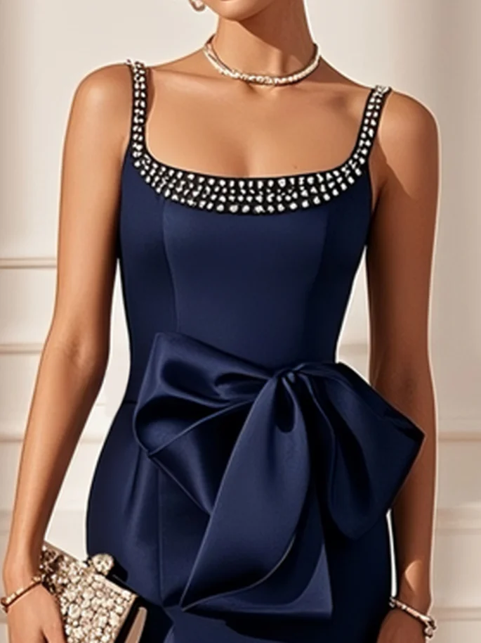 Purplish Blue Hot Drilling Bow Classic Crew Neck Sleeveless Sheath Midi Dress