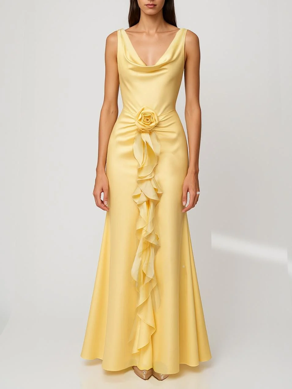 Yellow 3D Floral Ruffled Satin Cowl Neck Sleeveless Mermaid Maxi Dress