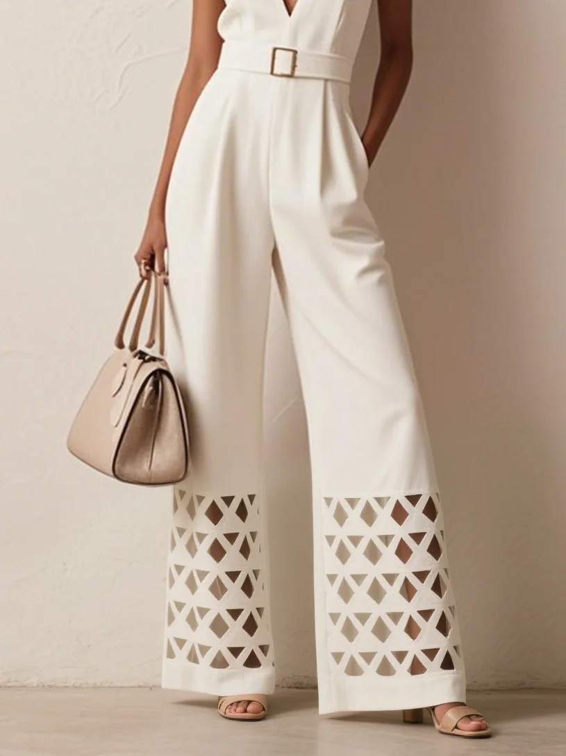 Off White Morden V Neck Devore Jumpsuit With Belt