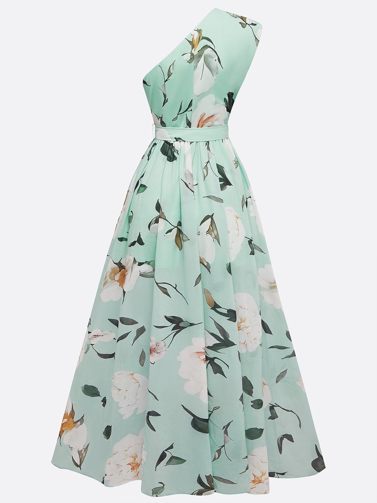 Light Green Ruched One Shoulder A-Line Maxi Chiffon Dress