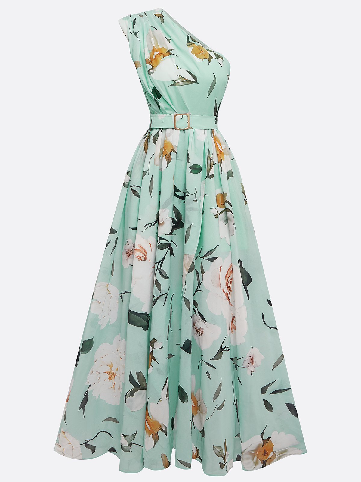 Light Green Ruched One Shoulder A-Line Maxi Chiffon Dress
