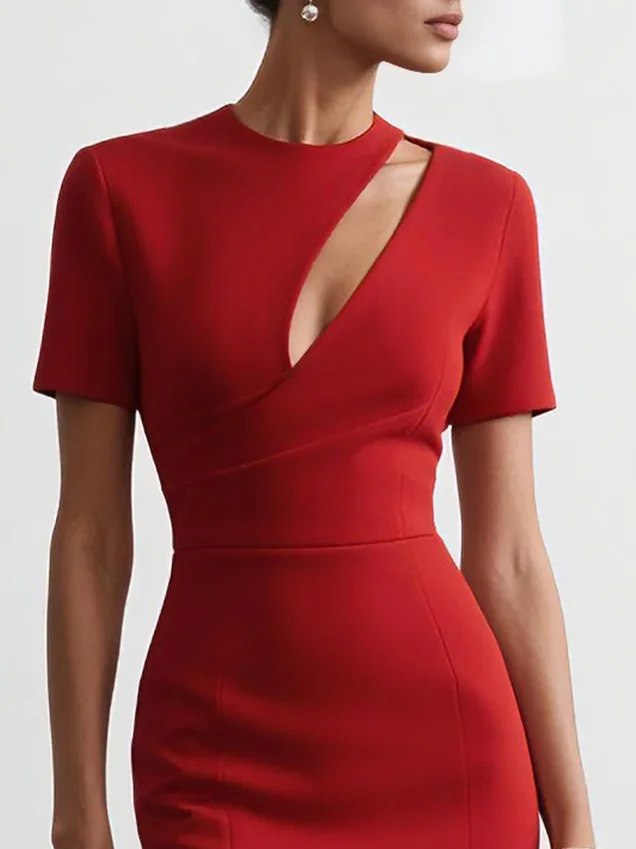 Red Hollow Out Classic Crew Neck Short Sleeve Sheath Midi Dress