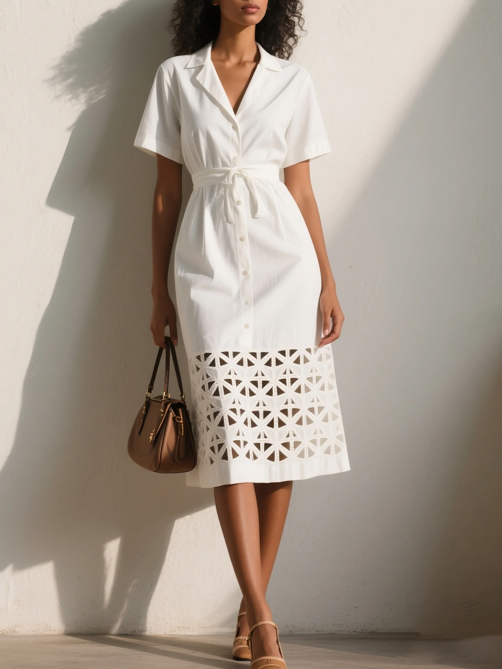 White Devore Floral Shirt Dress Shirt Collar Sleeveless A-Line Midi Dress