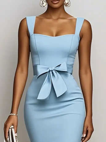 Light Blue Bow Lace Sweetheart Neckline Mermaid Maxi Dress