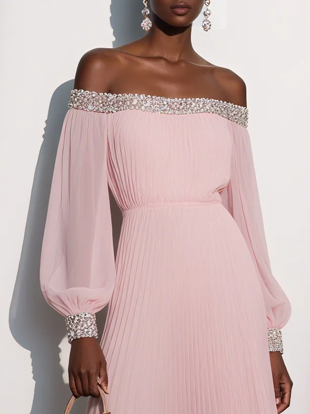Pink Pleated Chiffon Off The Shoulder Long Sleeve Balloon Sleeve A-Line Maxi Dress