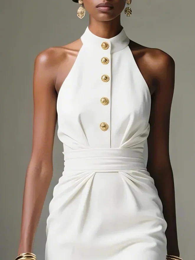 White Buckle Ruched Classic Halter Sleeveless Sheath Midi Dress
